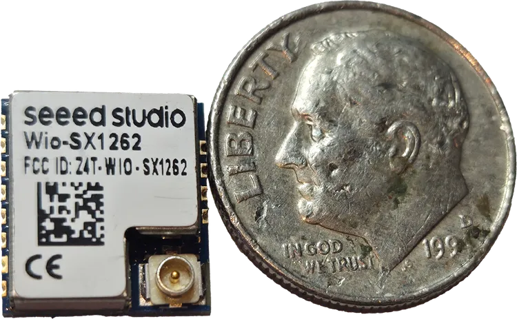 LoRa SX1262 Chip, less than half an inch wide, with a microcontroller, LoRa radio and antenna connections, all for around $5