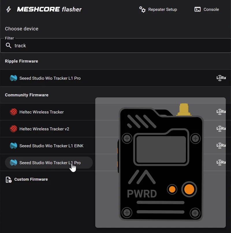 MeshCore Flasher Firmware selection