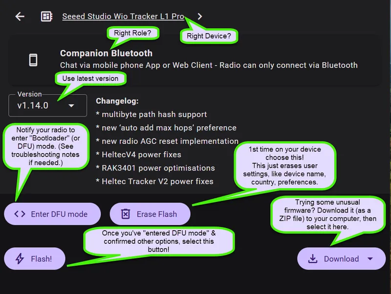 The flash dialog showing Erase Flash, Enter DFU Mode, and Flash buttons
