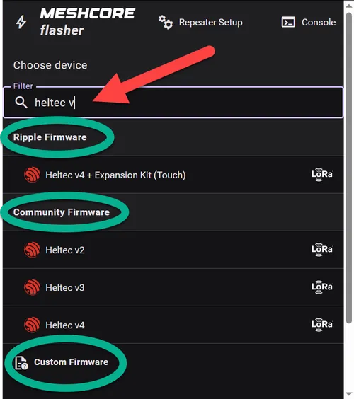 MeshCore Flasher can install several types of MeshCore firmware.