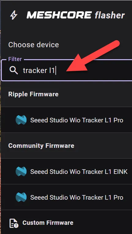 Filter field in MeshCore Flasher