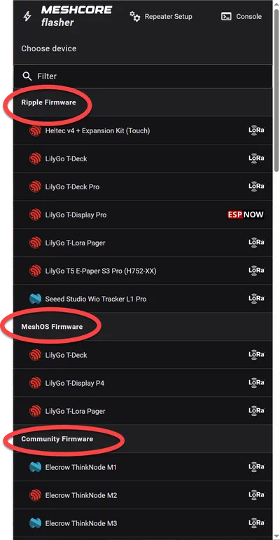 MeshCore Flasher can install several types of MeshCore firmware.
