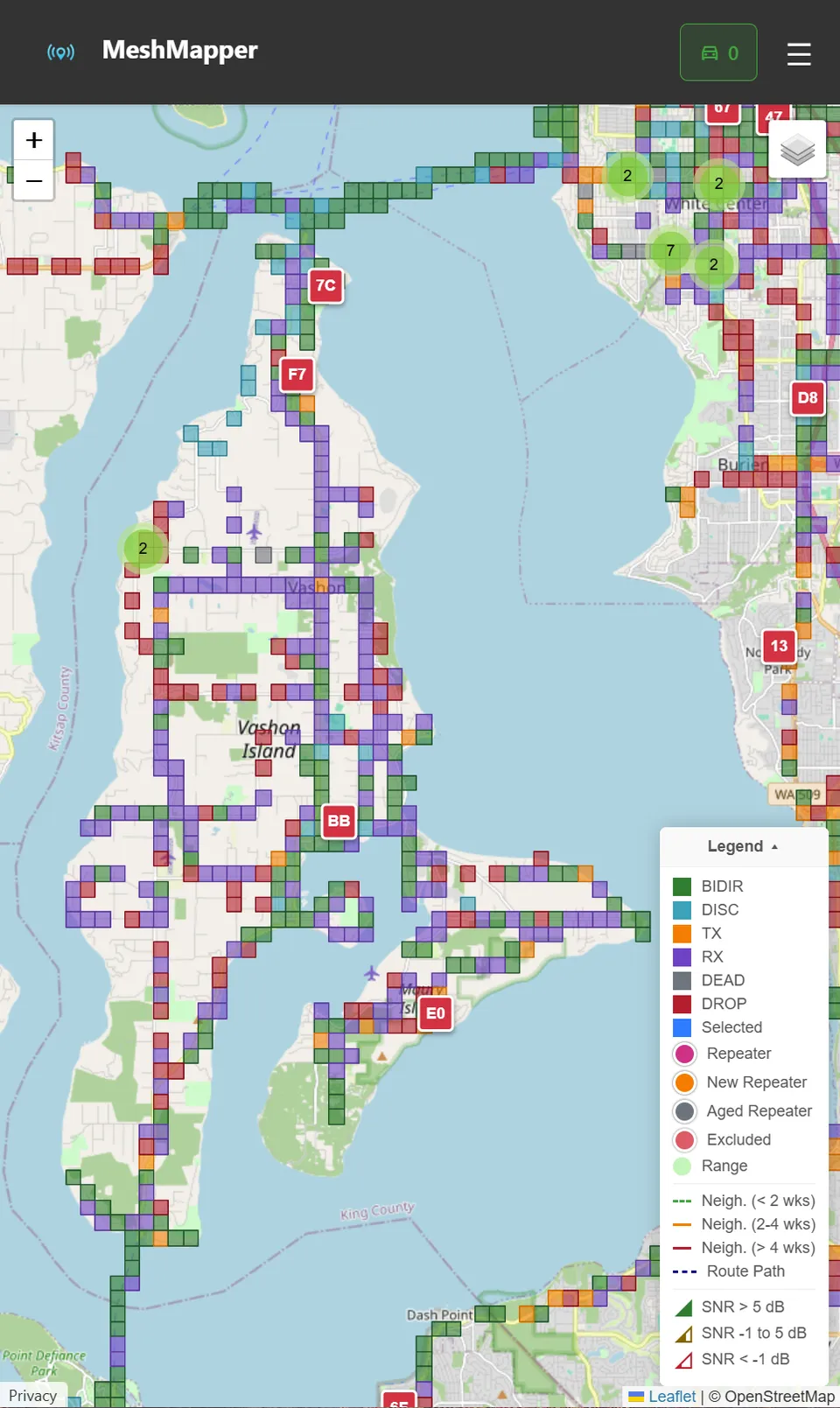 March 2026 map of Vashon's MeshCore coverage — with a car-top antenna.